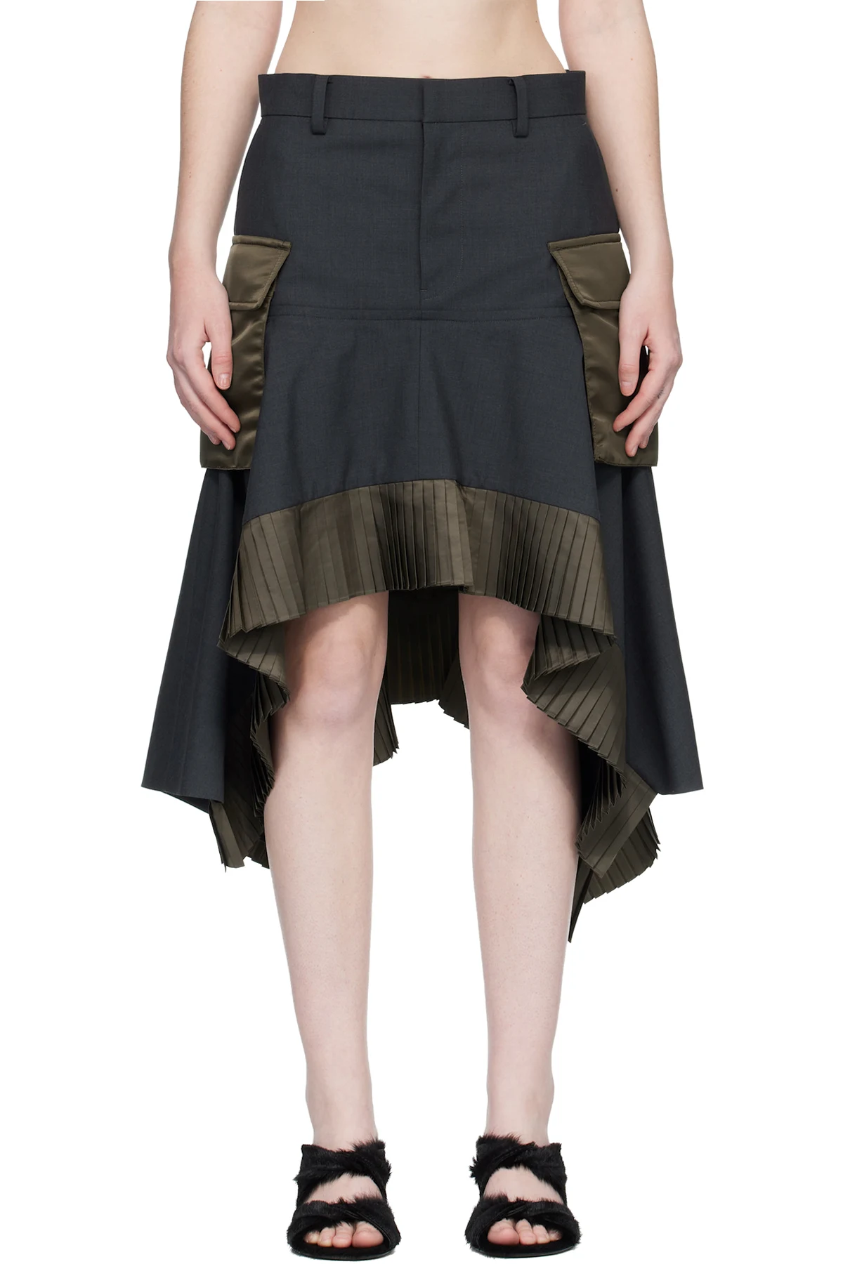 Gray Suiting & Nylon Twill Midi Skirt