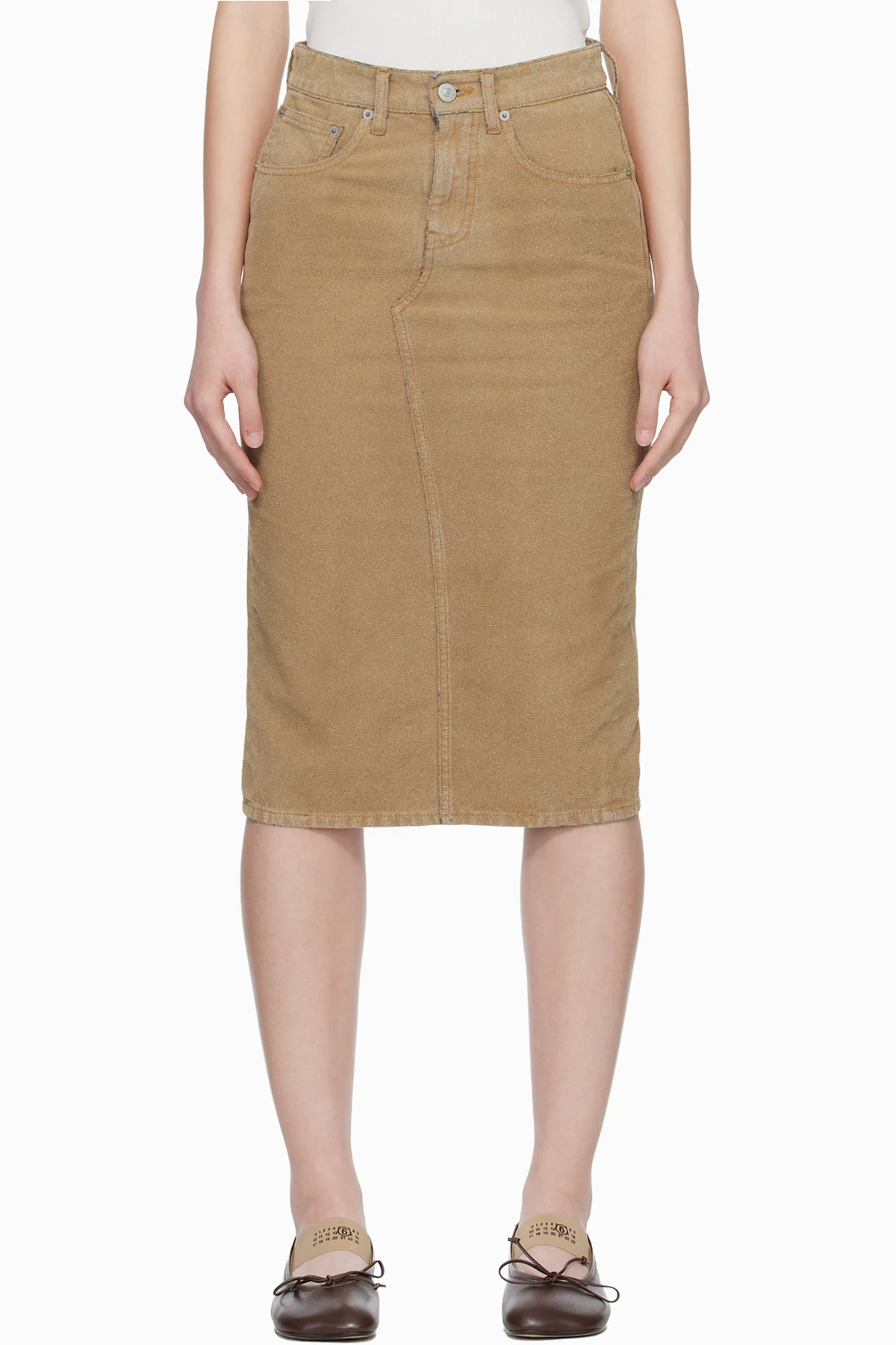 Beige Coated Denim Midi Skirt