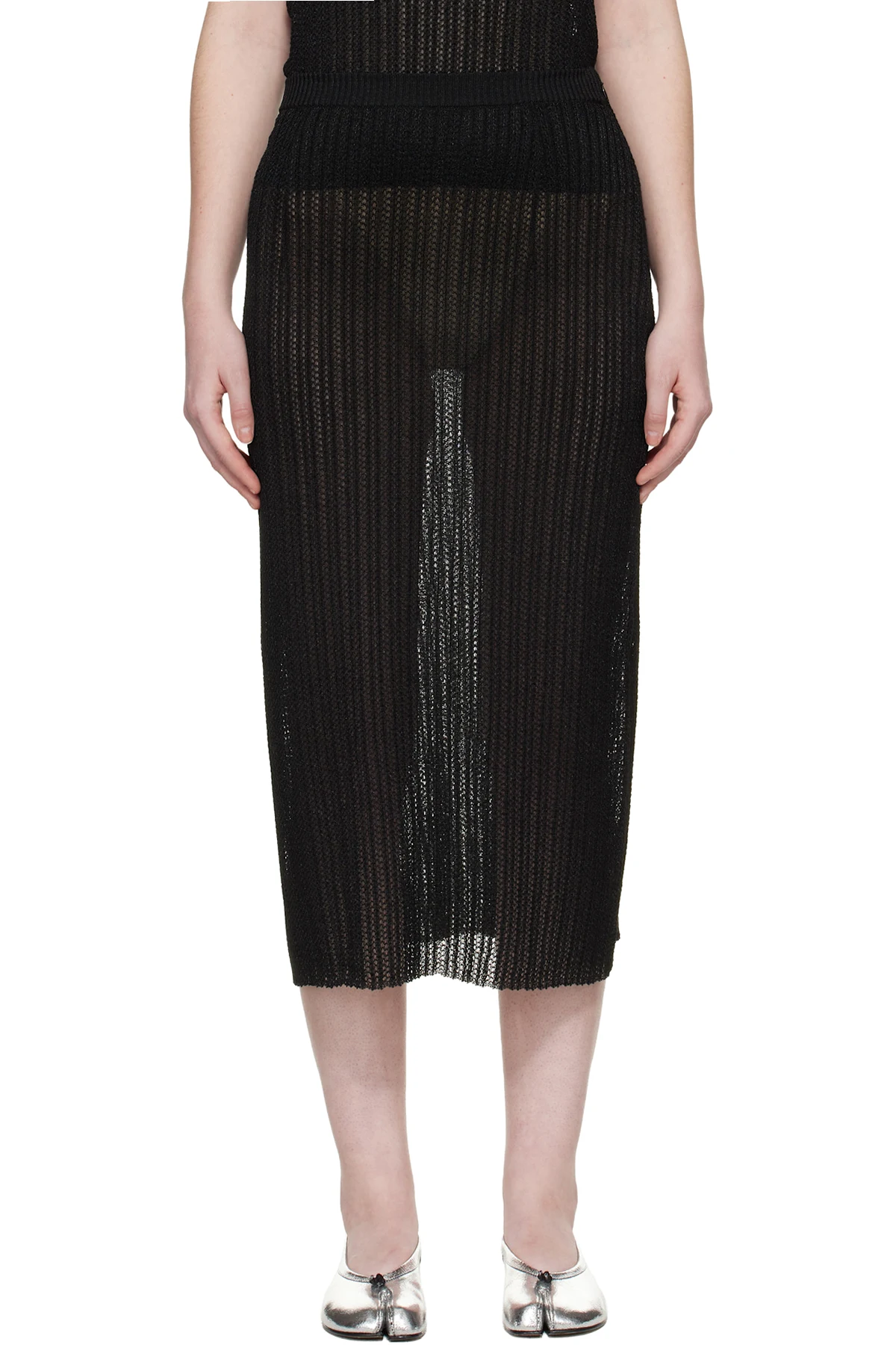 Black Ribbed Knit Midi Skirt