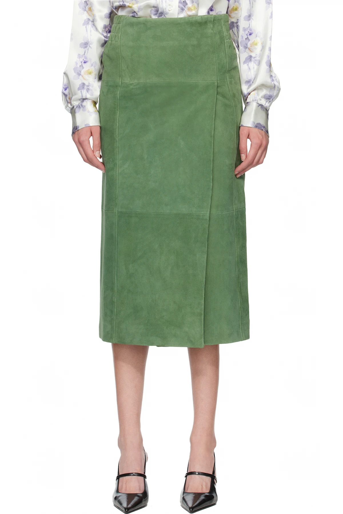 Green Suede Long Wrap Midi Skirt