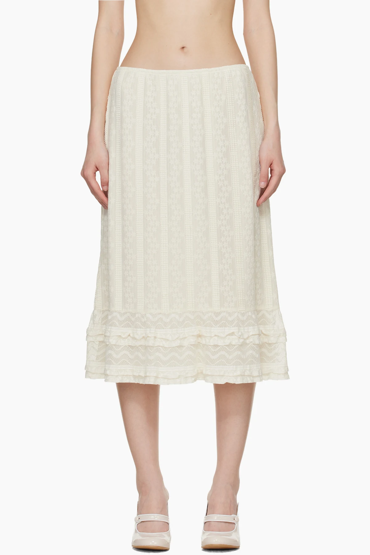 Off-White Floral Ruffle Stretch Lace Midi Skirt