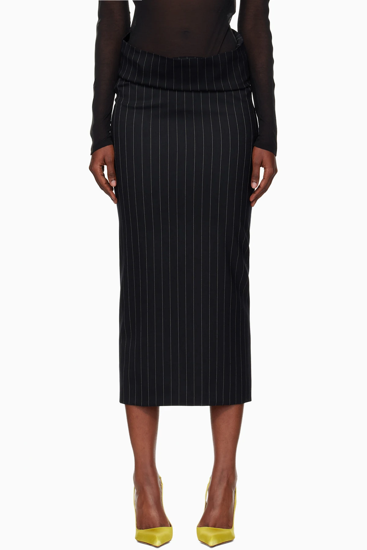 Navy Pinstripe Stretch Tube Midi Skirt