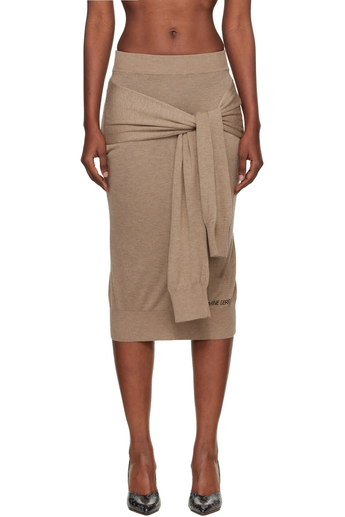 Beige Hybrid Knit Wrapped Midi Skirt