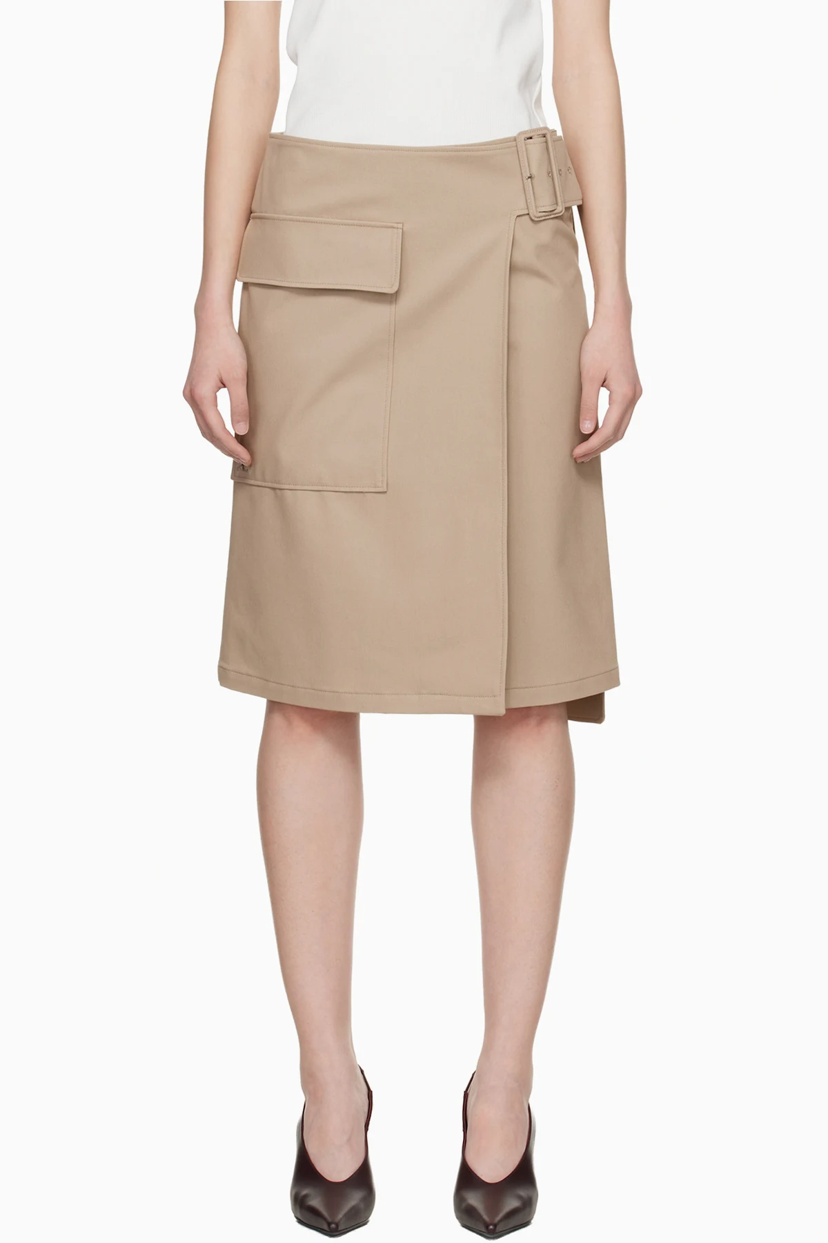 Beige Utility Buckle Cotton Midi Skirt