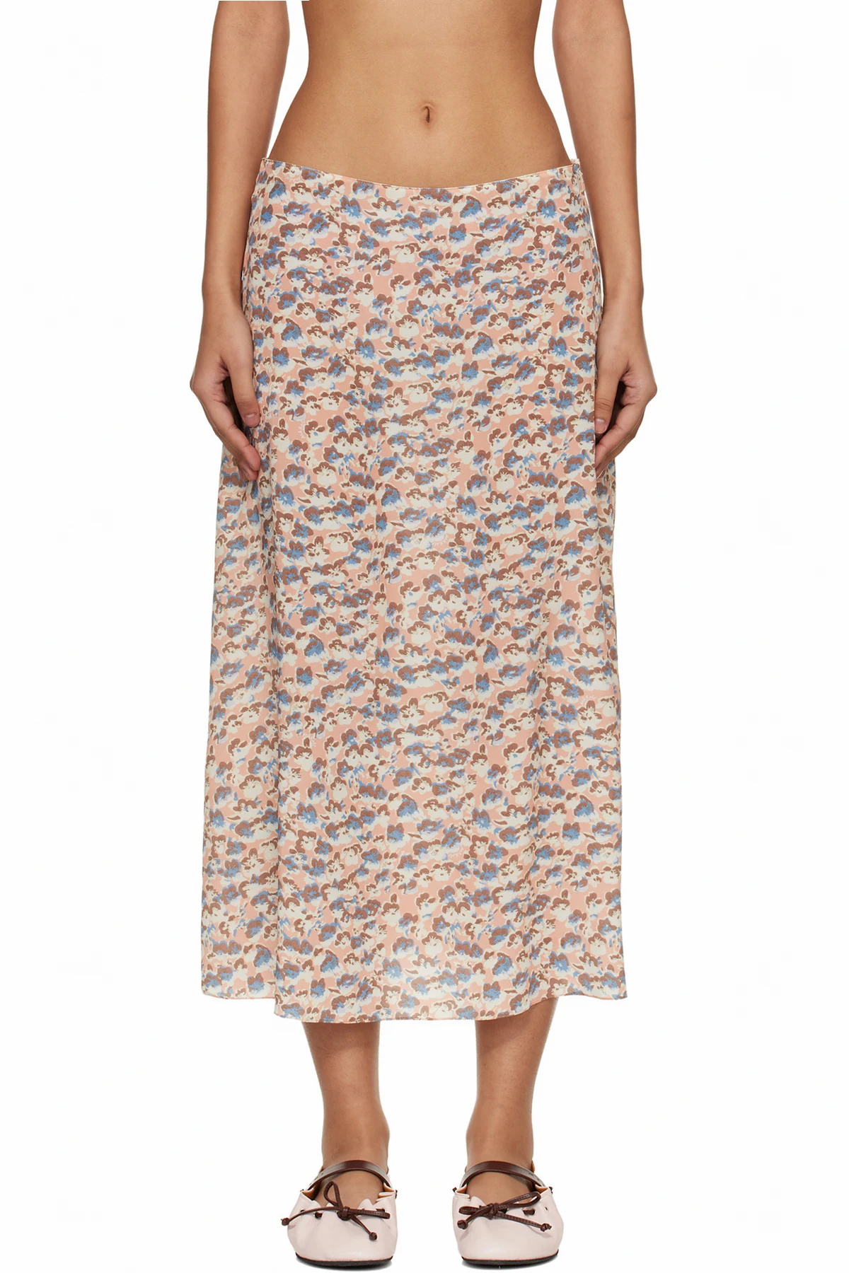 Pink Crêpe de Chine Fluid Anemones Print Midi Skirt