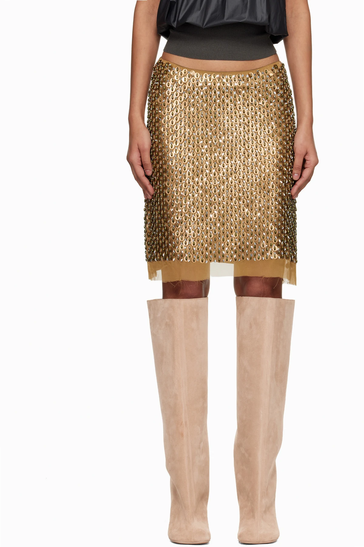 Gold Hand Embroidered Sequin Midi Skirt