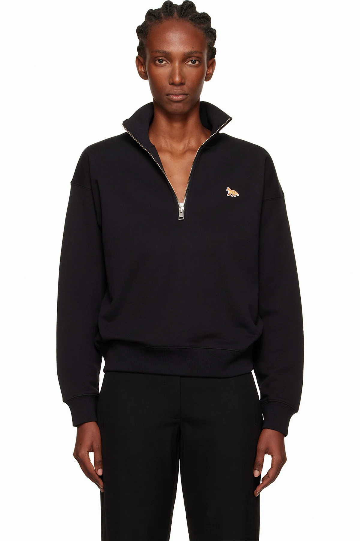 Black Half Zip Baby Fox Patch Sweatshirt