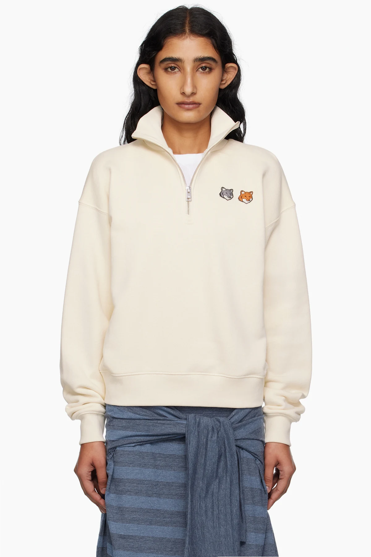 Beige Double Bold Fox Head Half Zip Comfort Sweatshirt