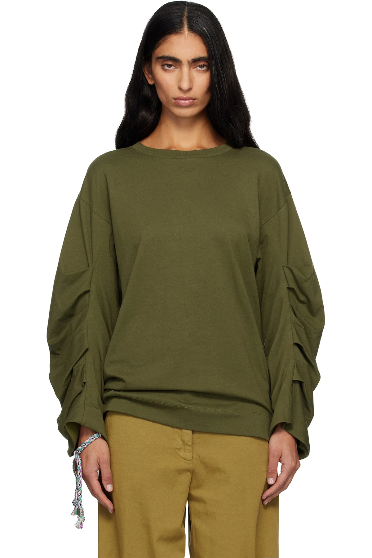 Green Pleated Sleeves Sweatshirt