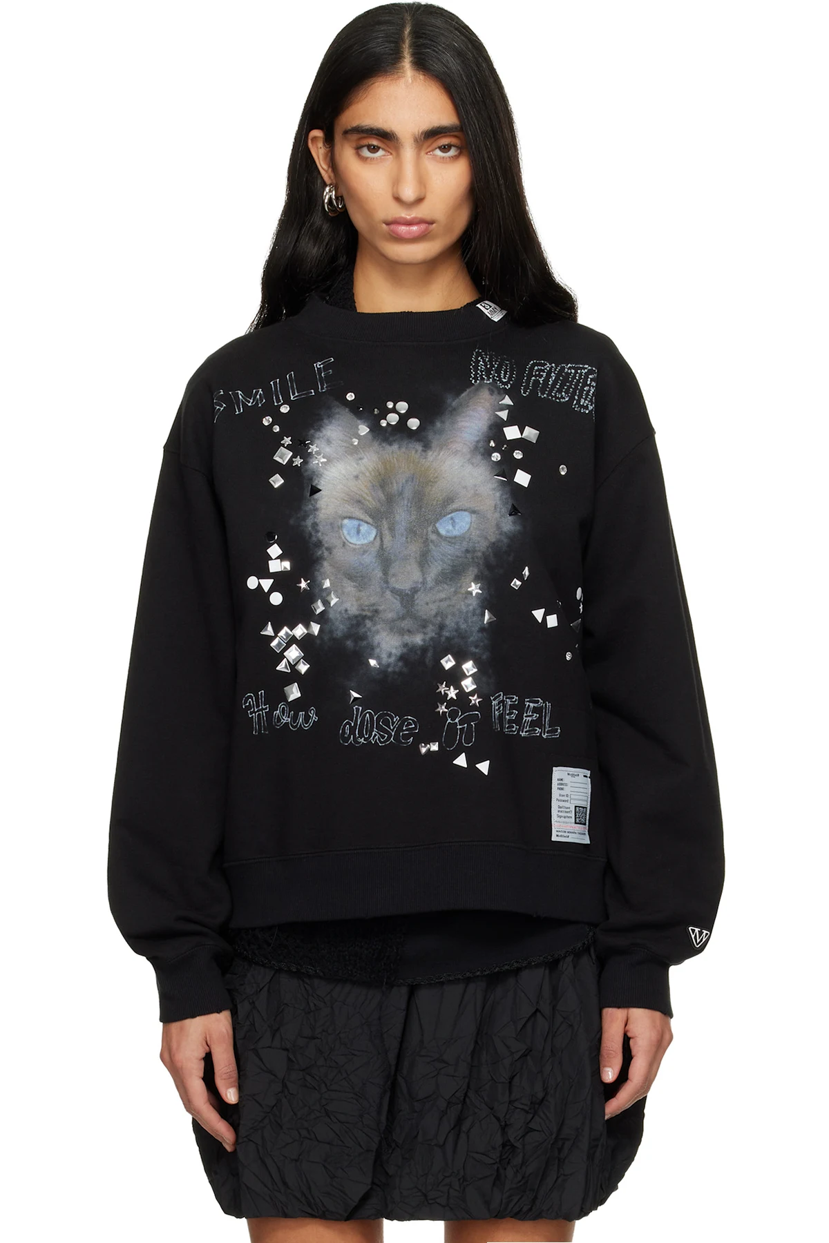 Black Cat Printed Embellished Distressed Sweatshirt