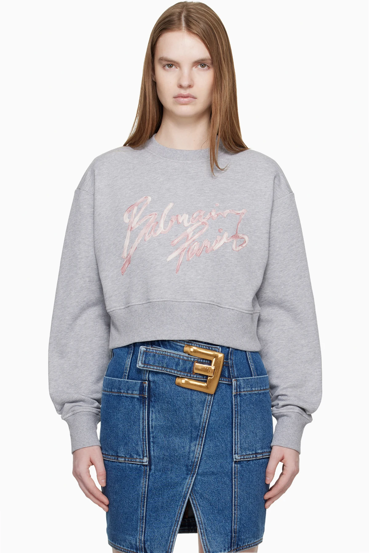 Gray Cropped Printed Cotton Sweatshirt