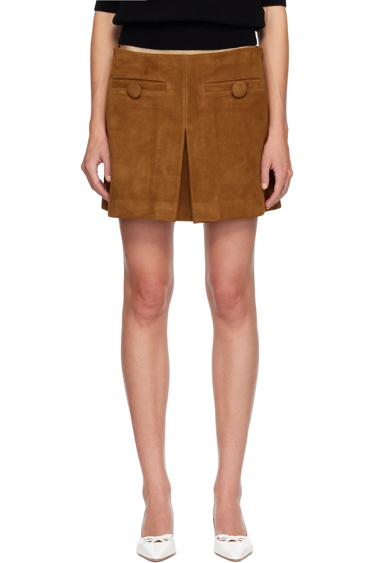 Tan Box Pleat Suede Miniskirt