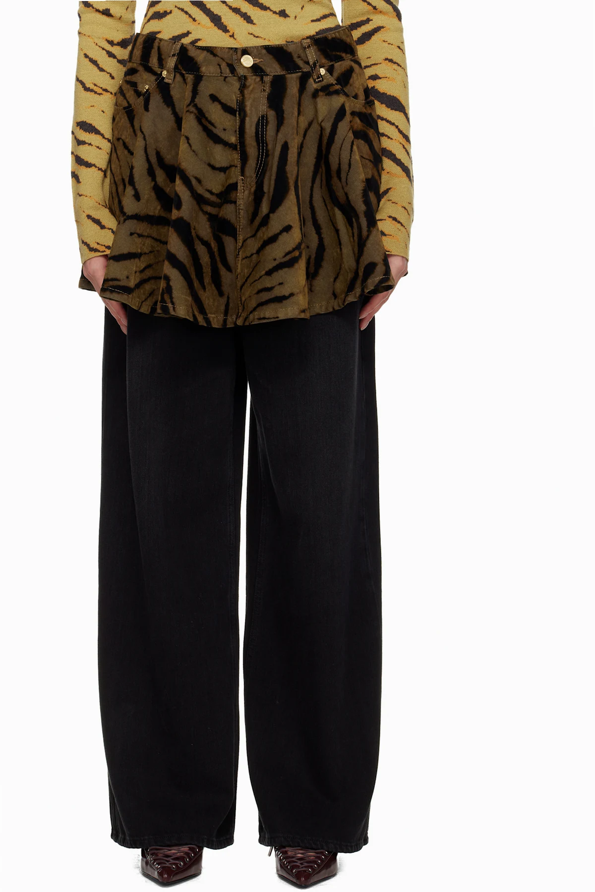 Khaki & Black Printed Flocked Denim Miniskirt