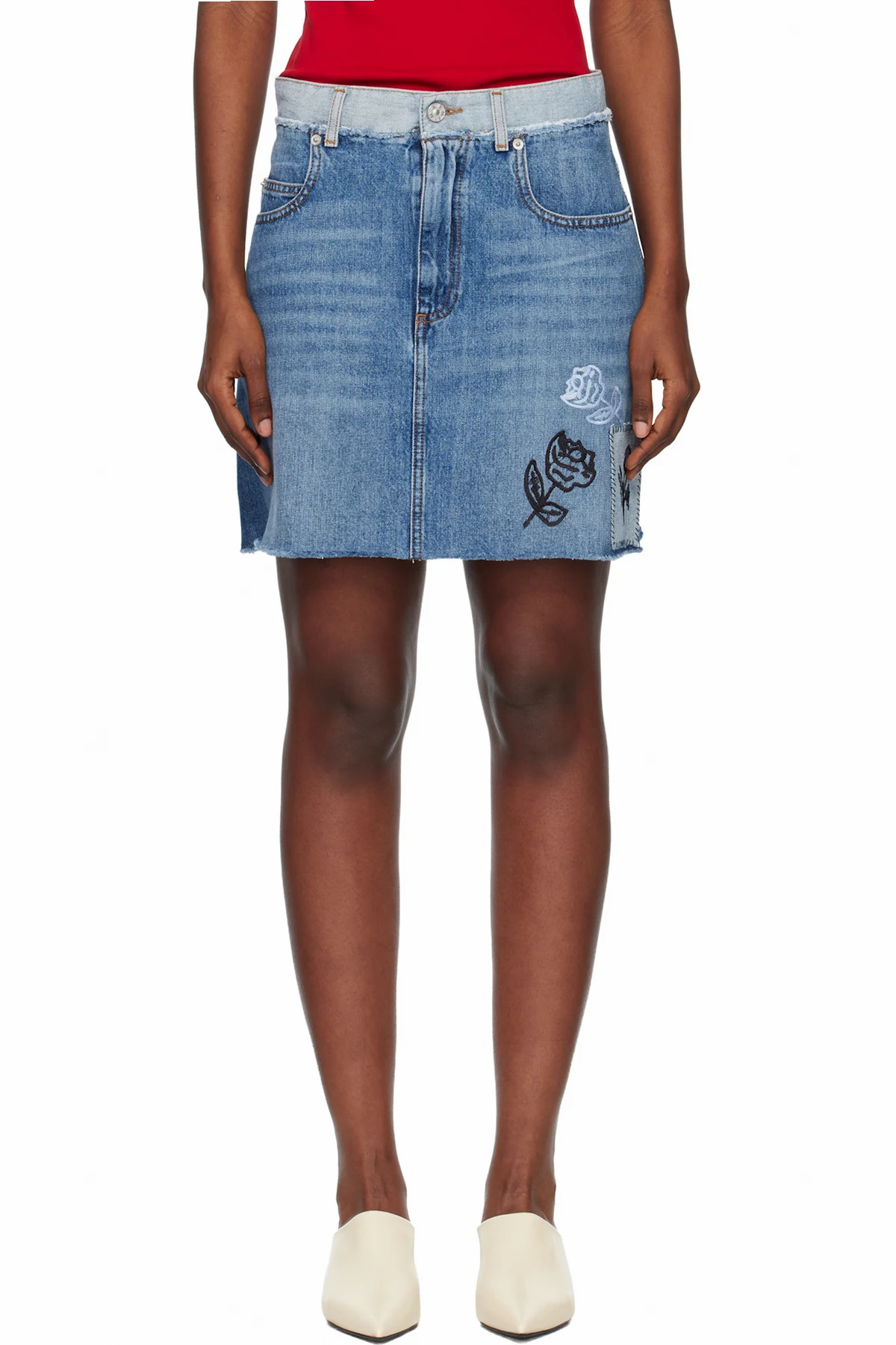 Blue Stone Washed Patches Denim Miniskirt