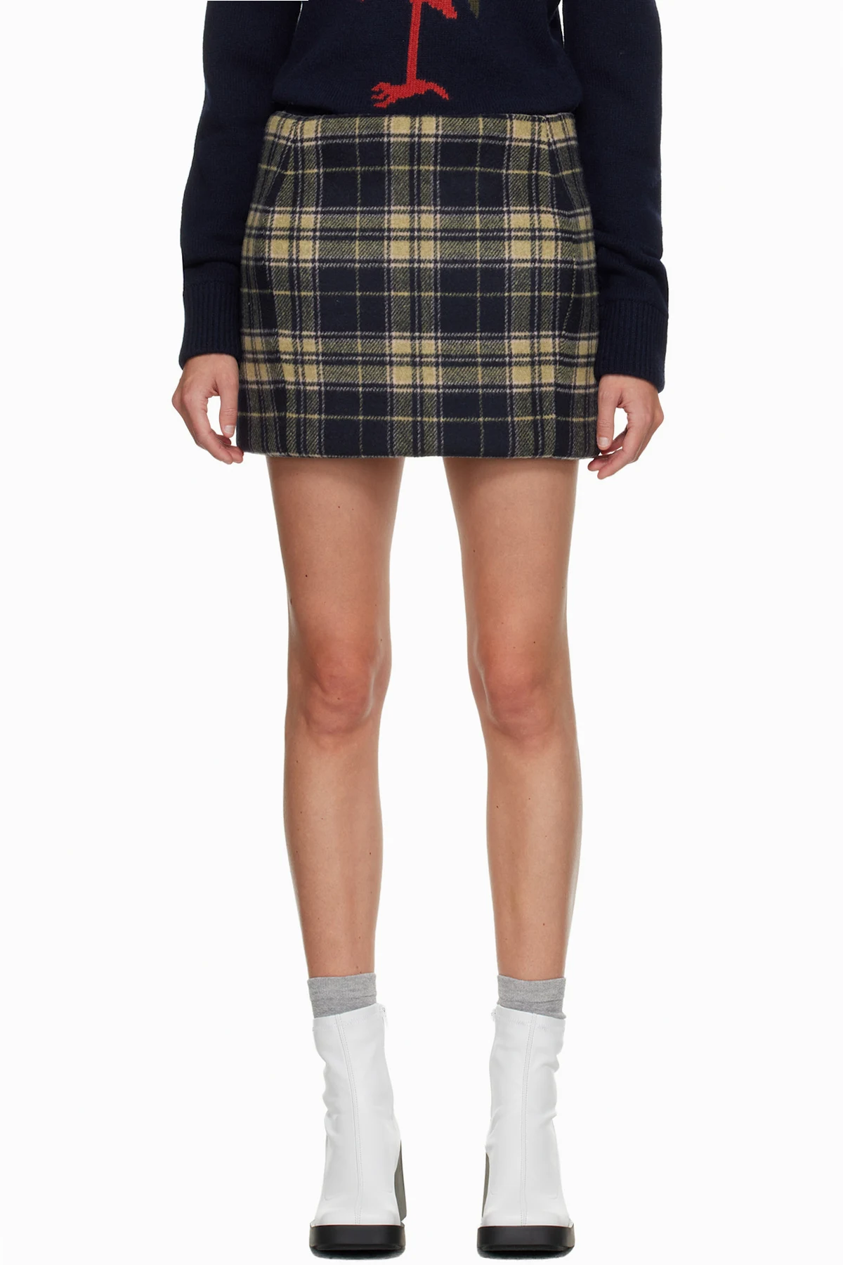 Navy & Beige Padded Tartan Miniskirt