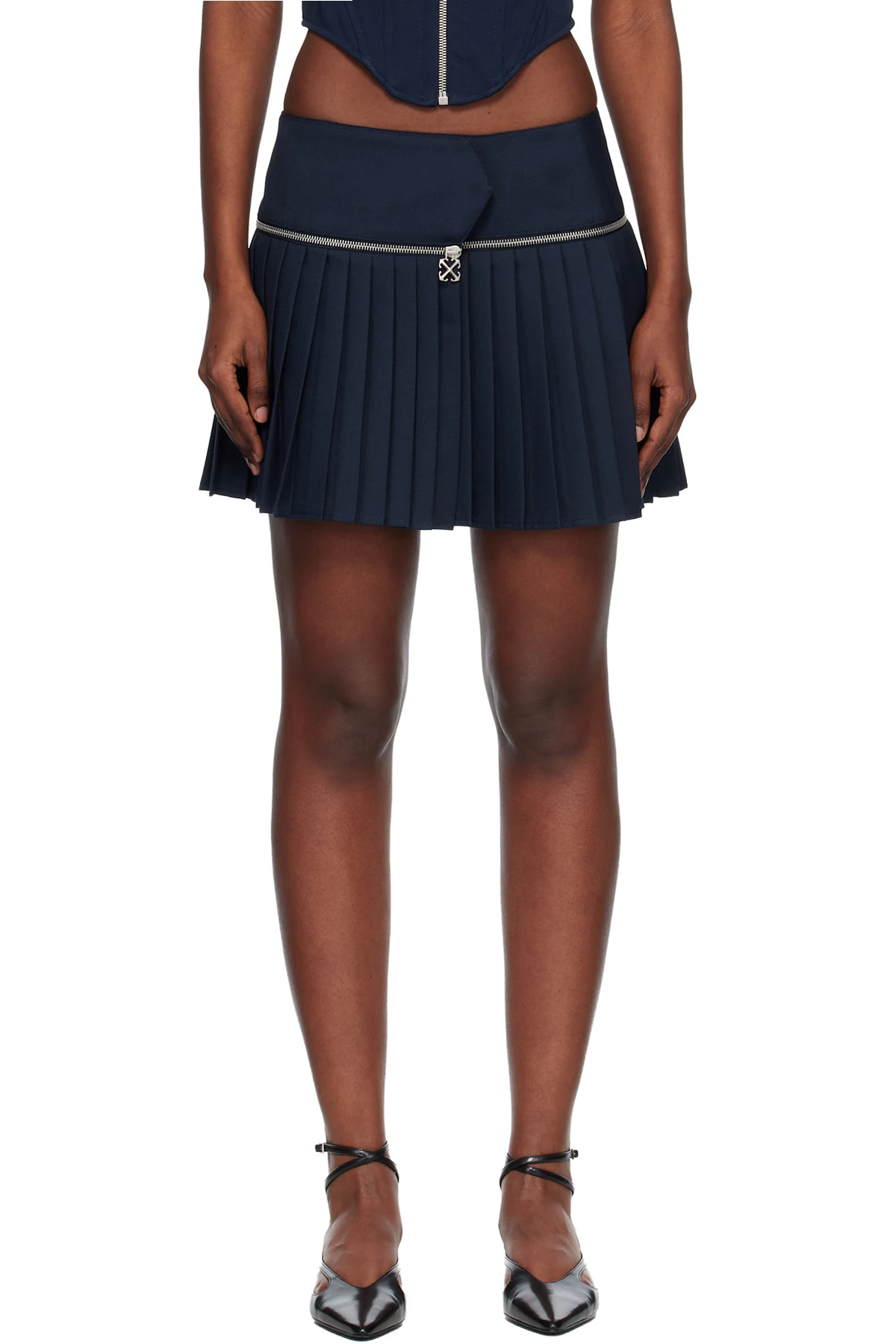 Navy Zip Pleated Miniskirt