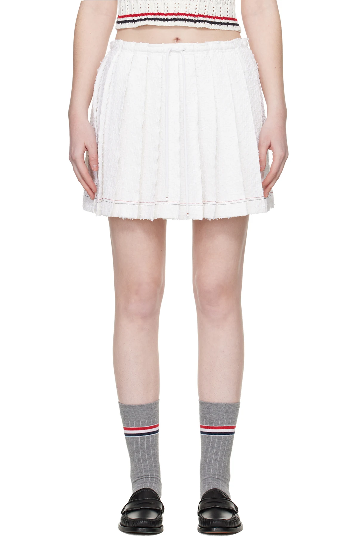 White Eyelash Tweed Drawstring Pleated Miniskirt