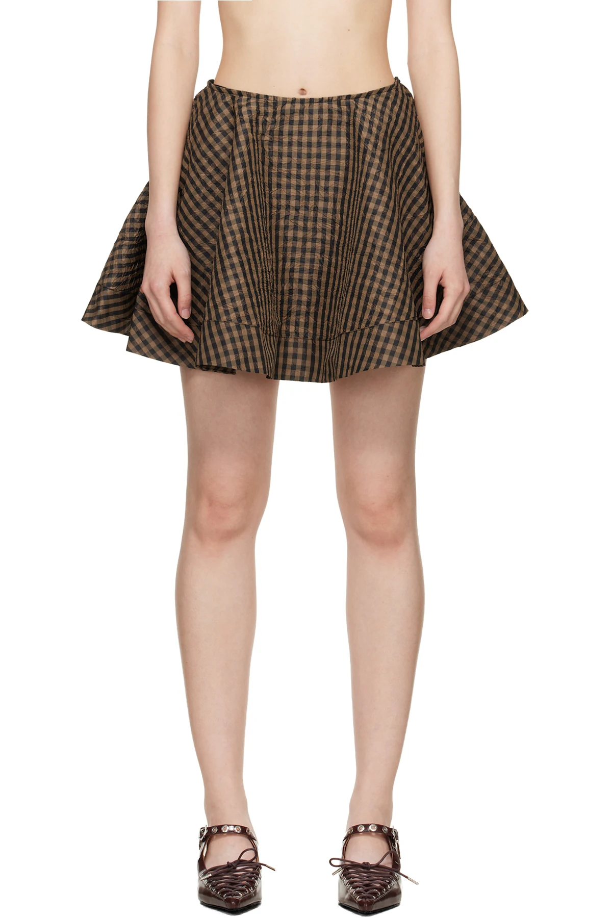 Brown Crinkled Check Circle Miniskirt