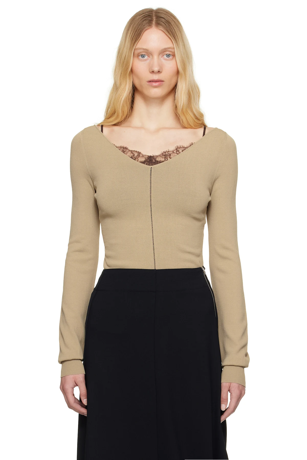 Beige Wide V-Neck Top