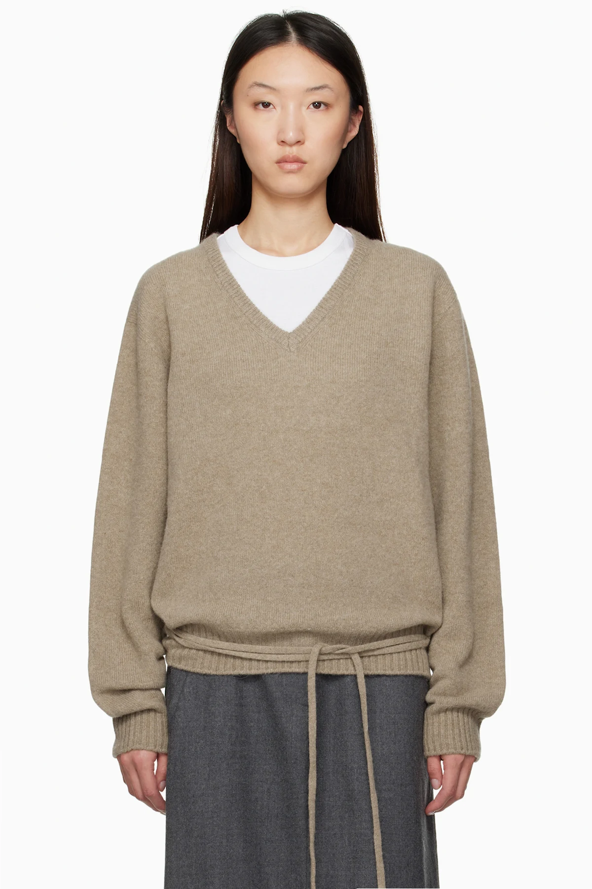 Taupe Alpaca V-Neck Sweater