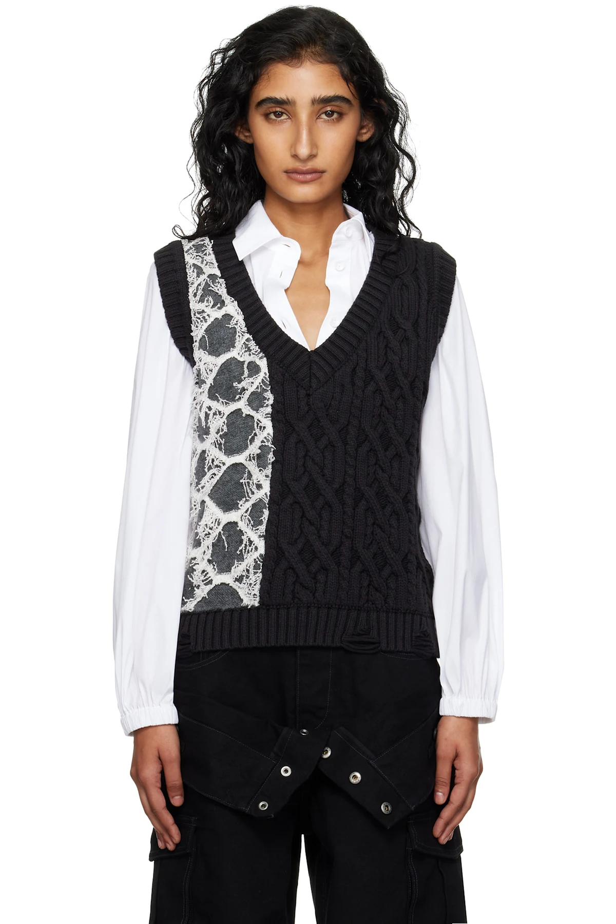 Black & Gray Boucle Cable Patchwork Knit Vest