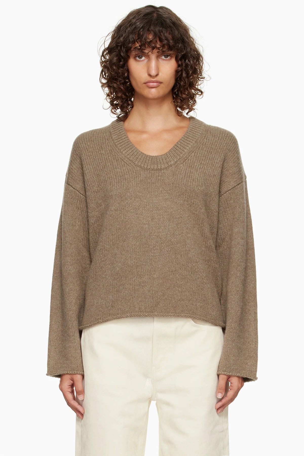 Taupe Derry Plunging U Neck Sweater