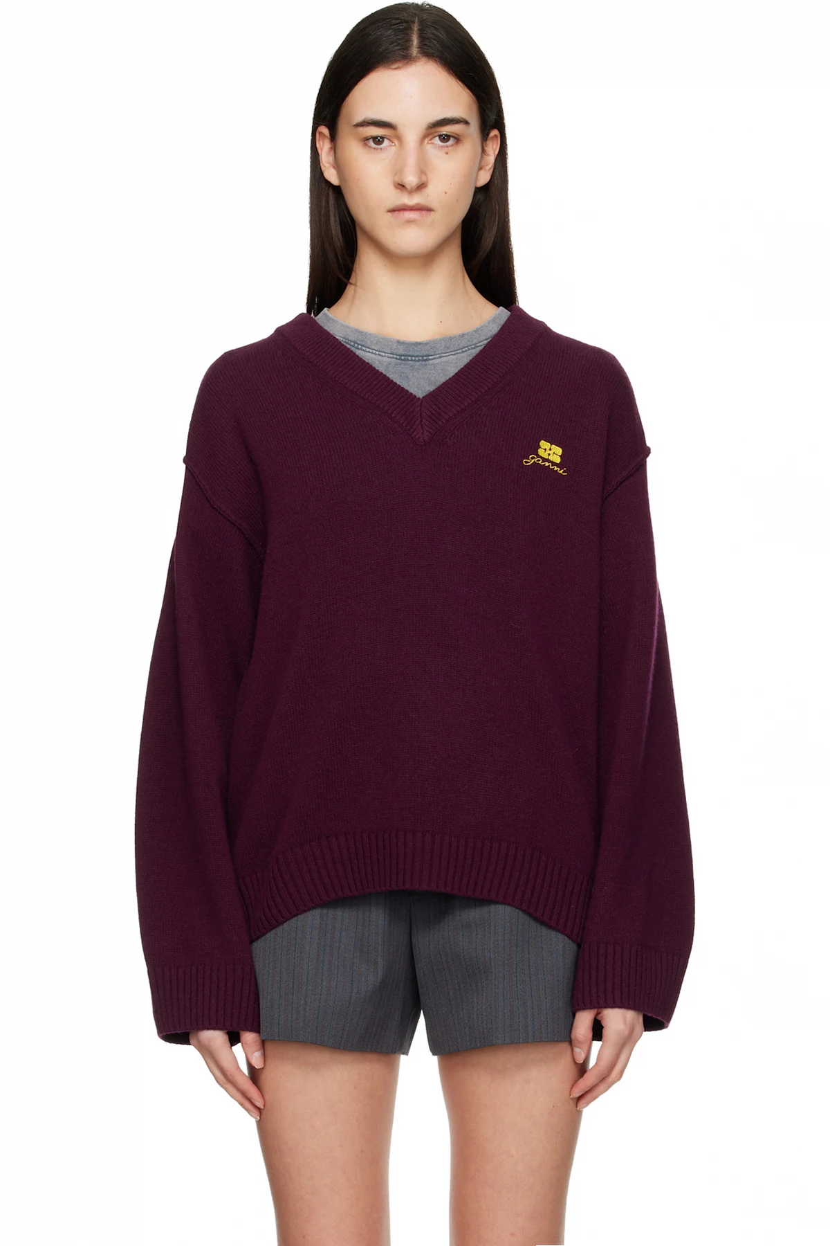 Burgundy Wool Mix V-neck Sweater