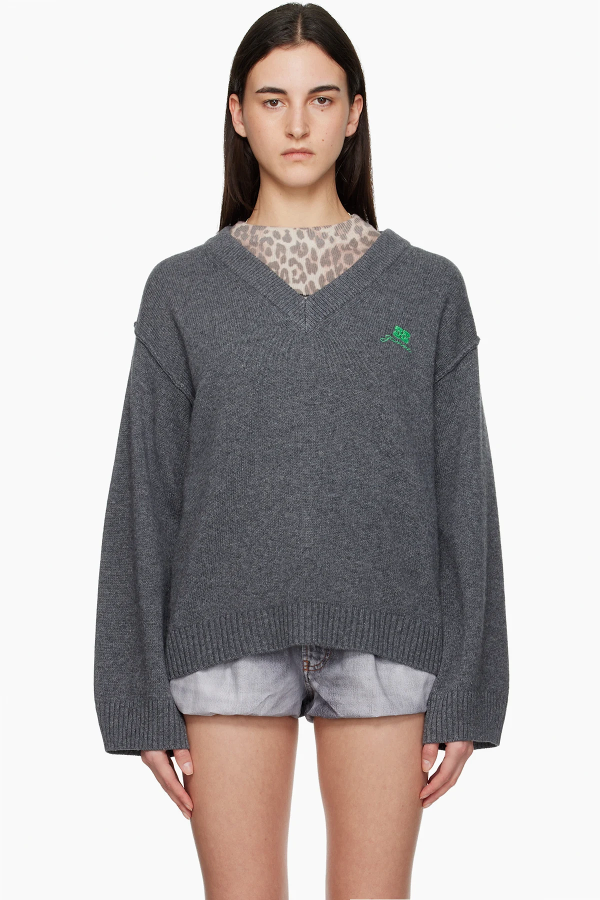 Gray Wool Mix V-neck Sweater