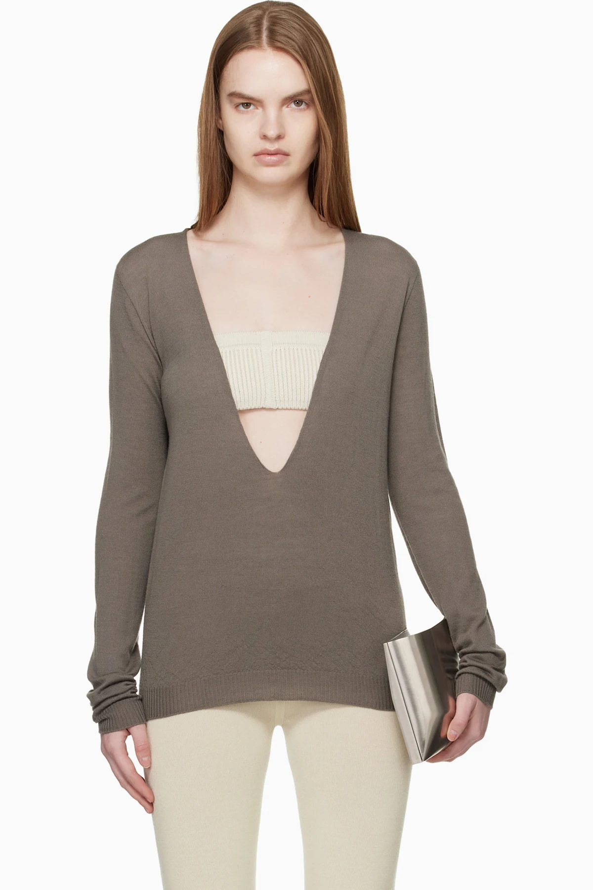 Gray Temple Extreme V Neck Pull Sweater
