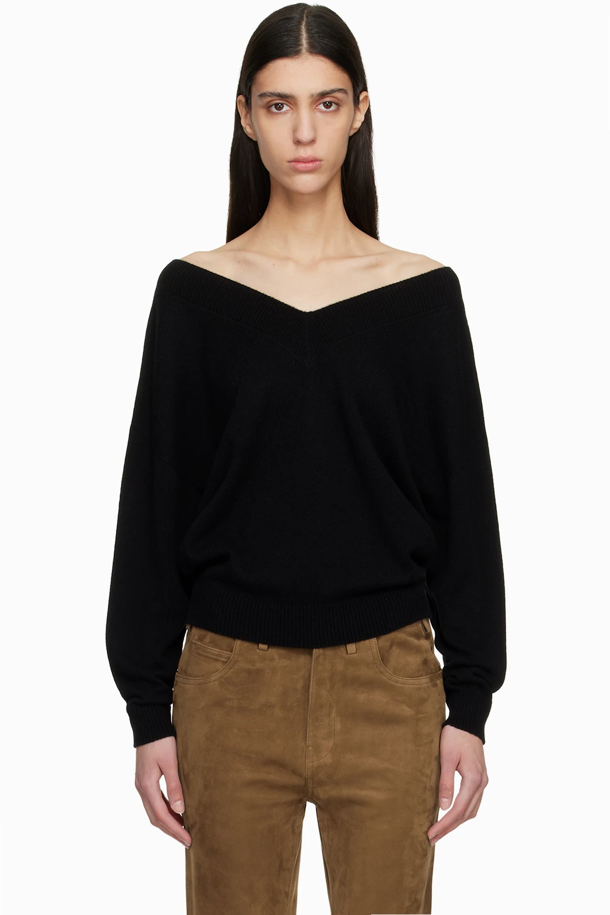 Black Cashmere Off The Shoulder Knit Sweater