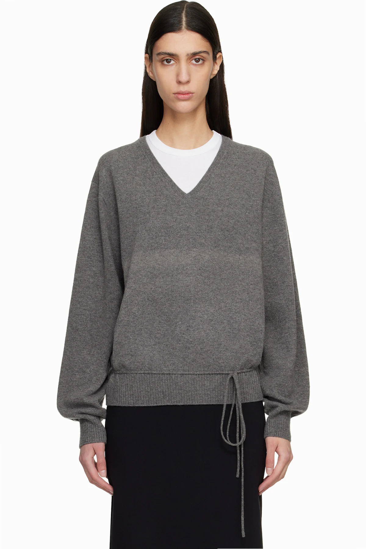 Gray Cashmere Blend Wholegarment V-Neck Sweater