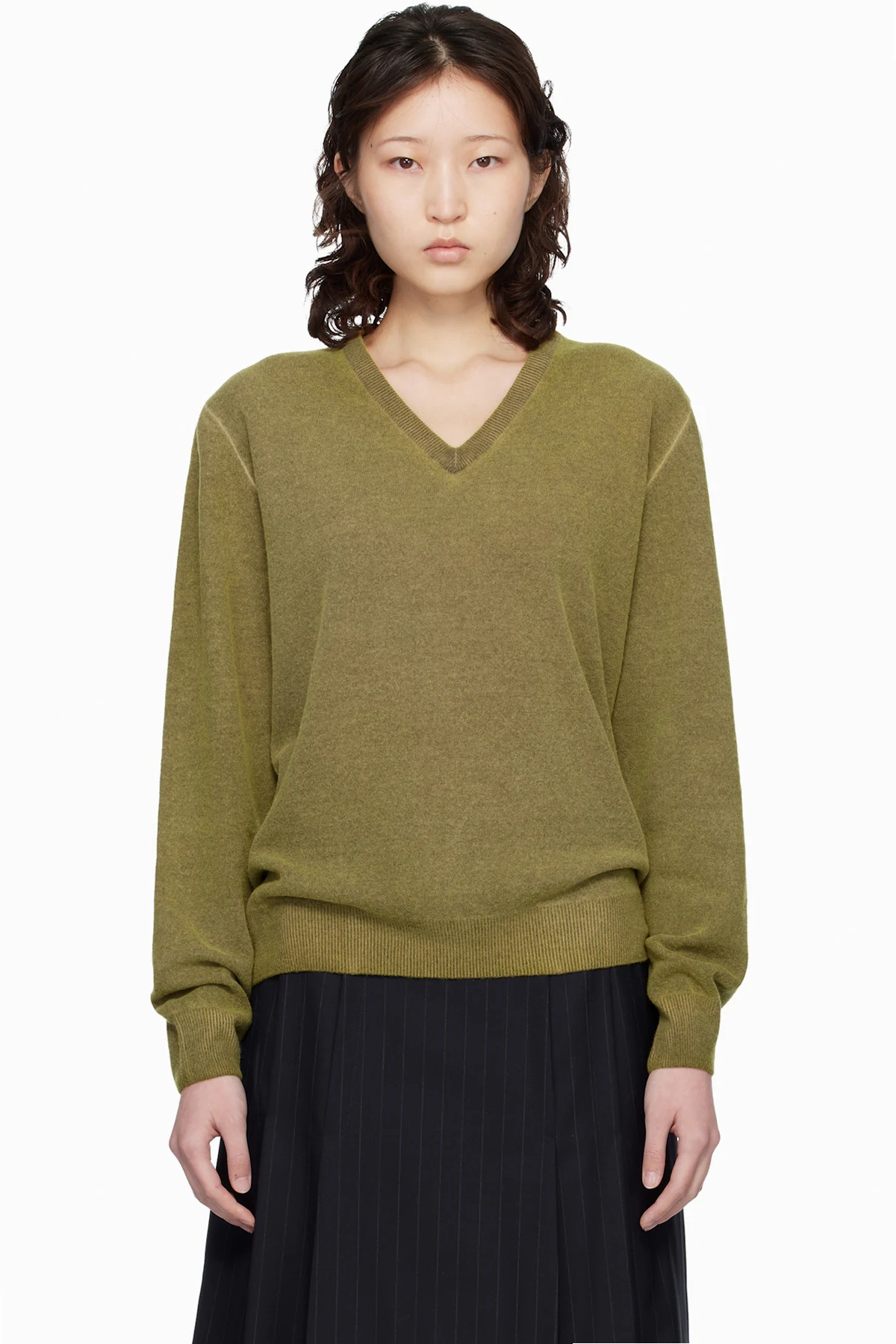 Green Virgin Wool V-Neck Sweater