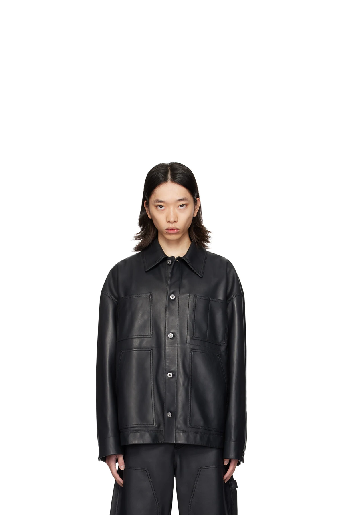 Black Spread Collar Leather Jacket