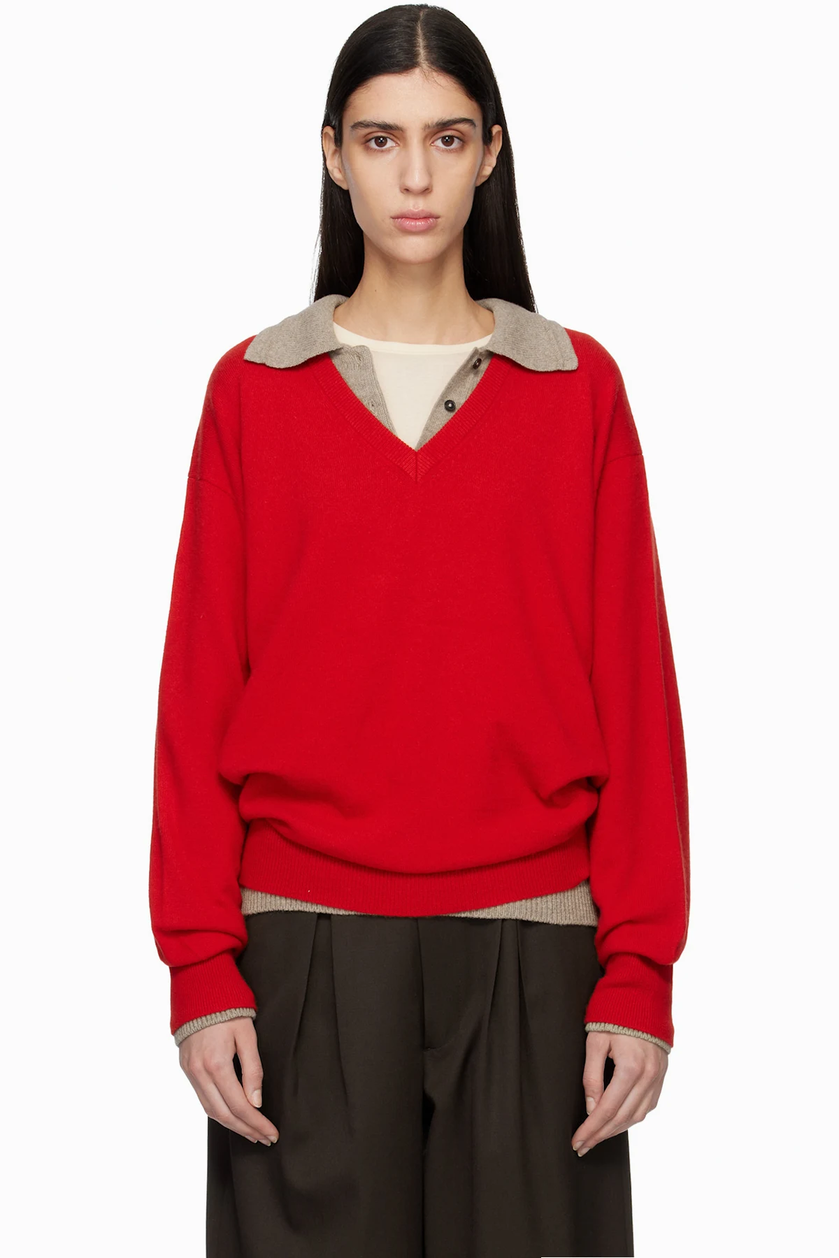 Red Pure Cashmere Knit V Neck LS Sweater