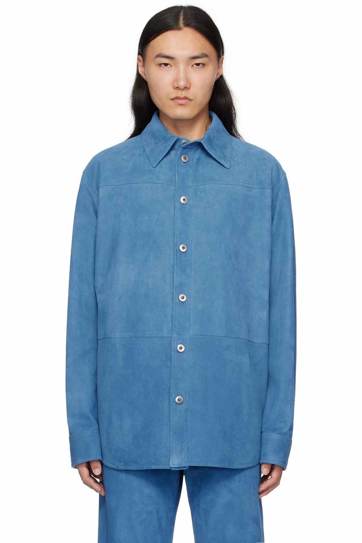 Blue Embossed Corduroy Suede Shirt
