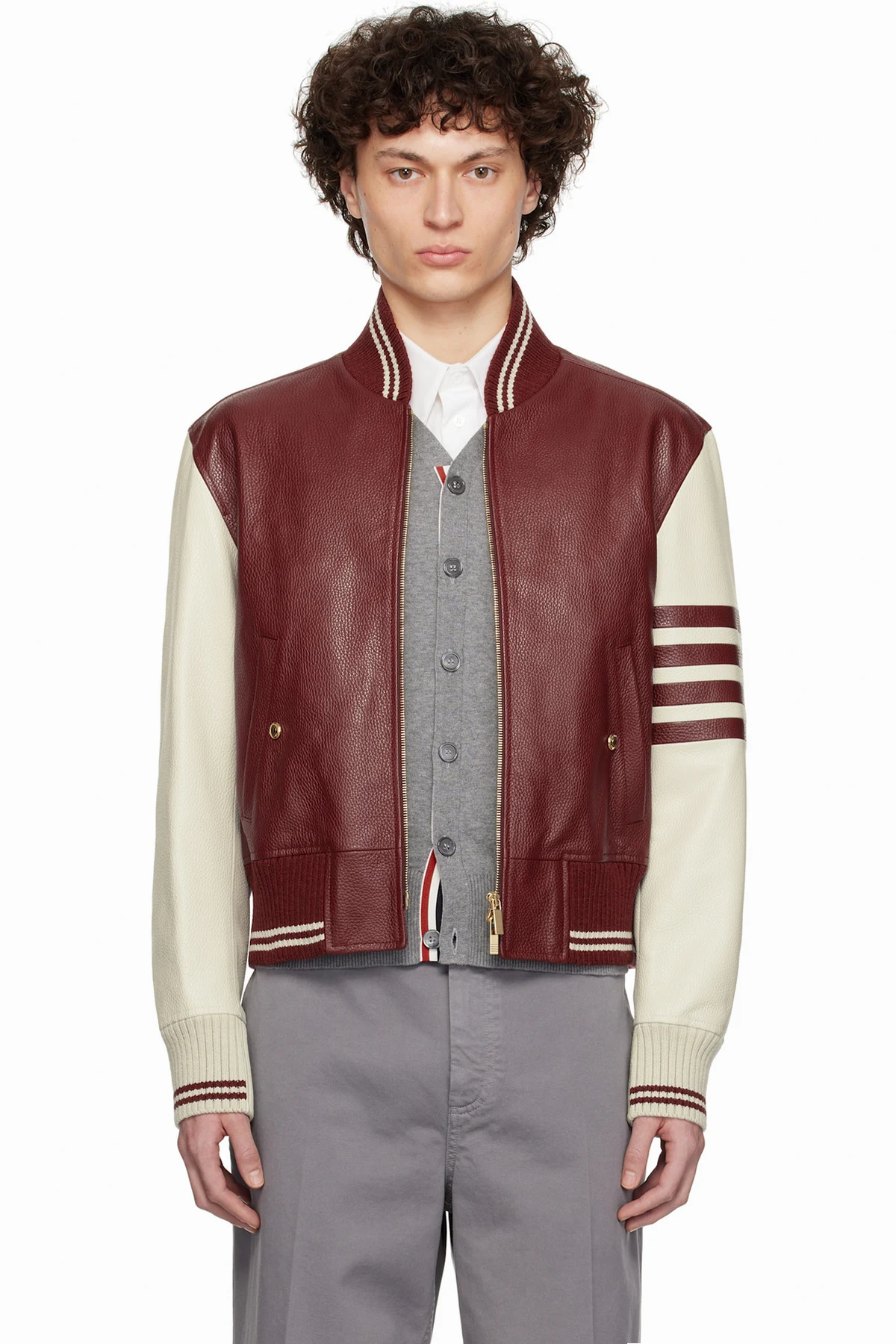 Burgundy & Off-White Classic 4-Bar Leather Bomber Jacket