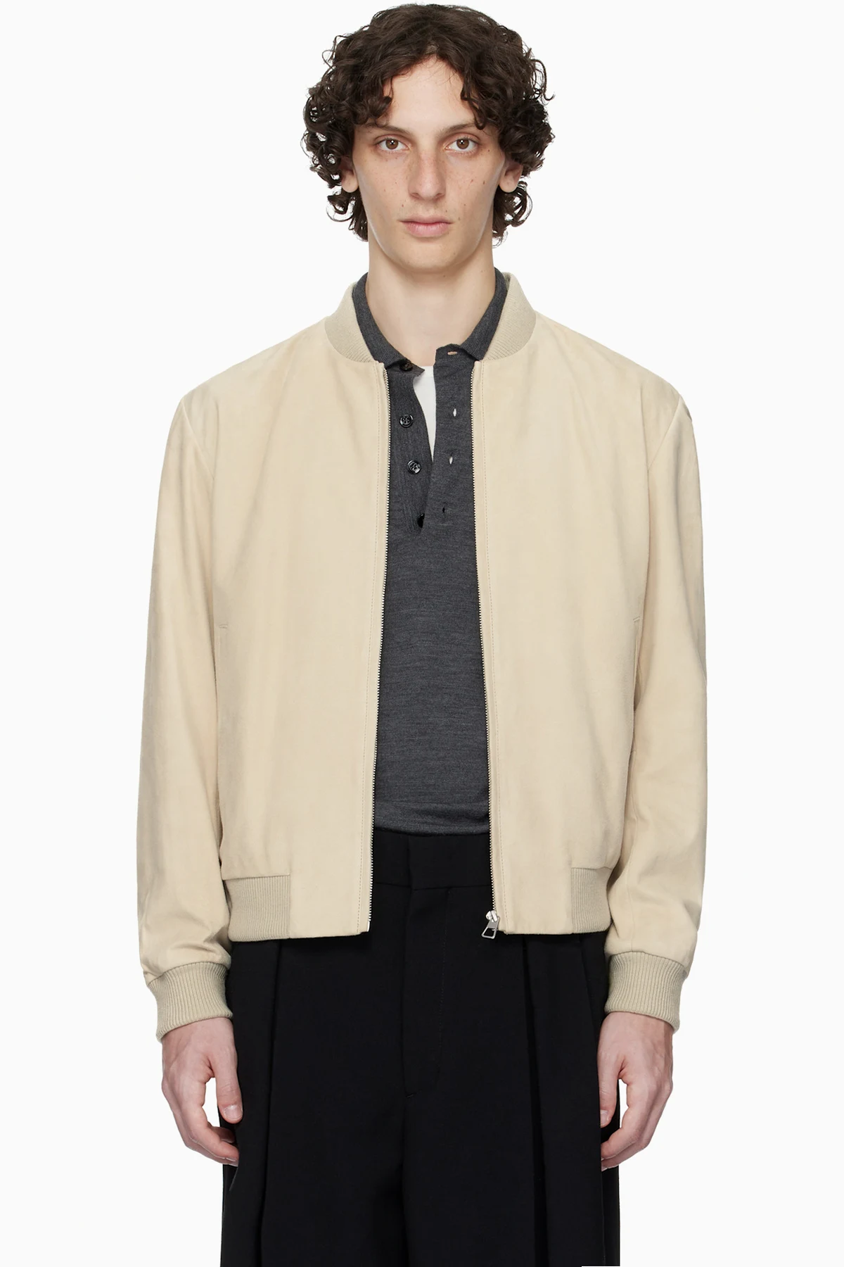Beige BECKHAM Edition Regular-Fit Suede Bomber Jacket