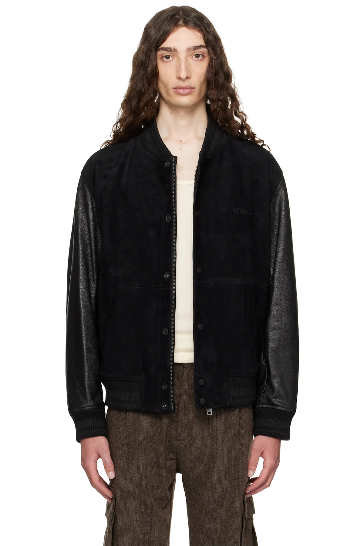 Black Embossed-Logo Leather Bomber Jacket