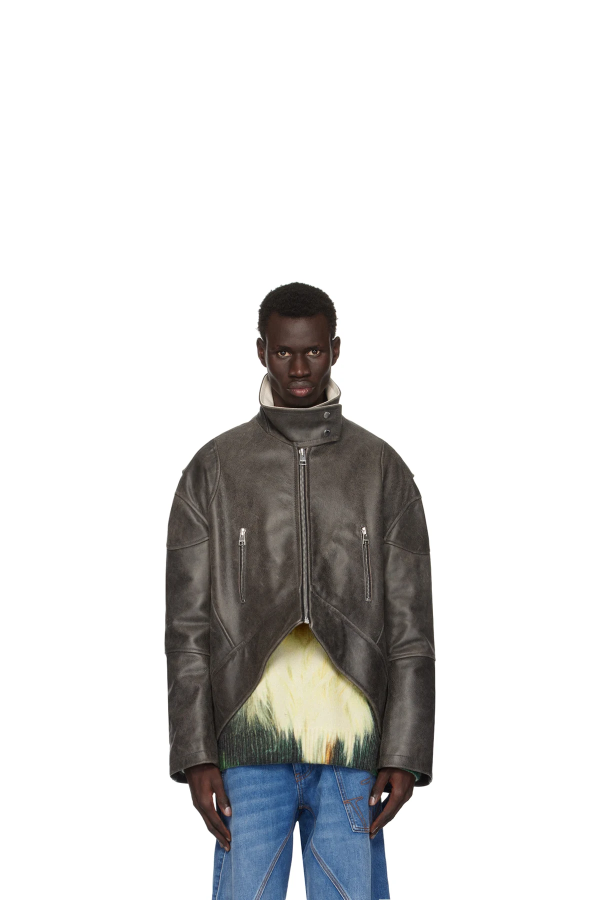 Gray Curved Hem High Neck Leather Jacket