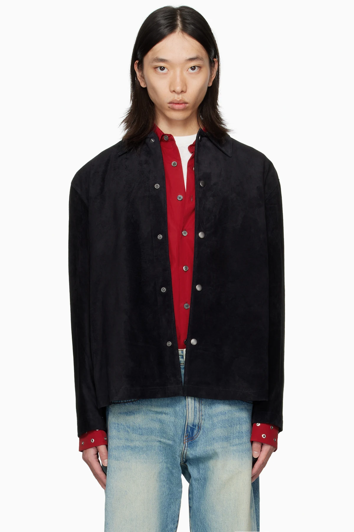 Black Snap Button Suede Overshirt