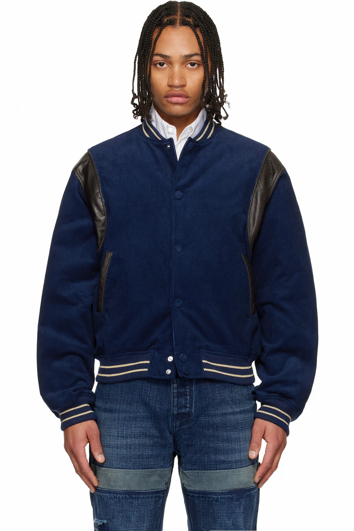 Navy Leather Point Stadium Jacket