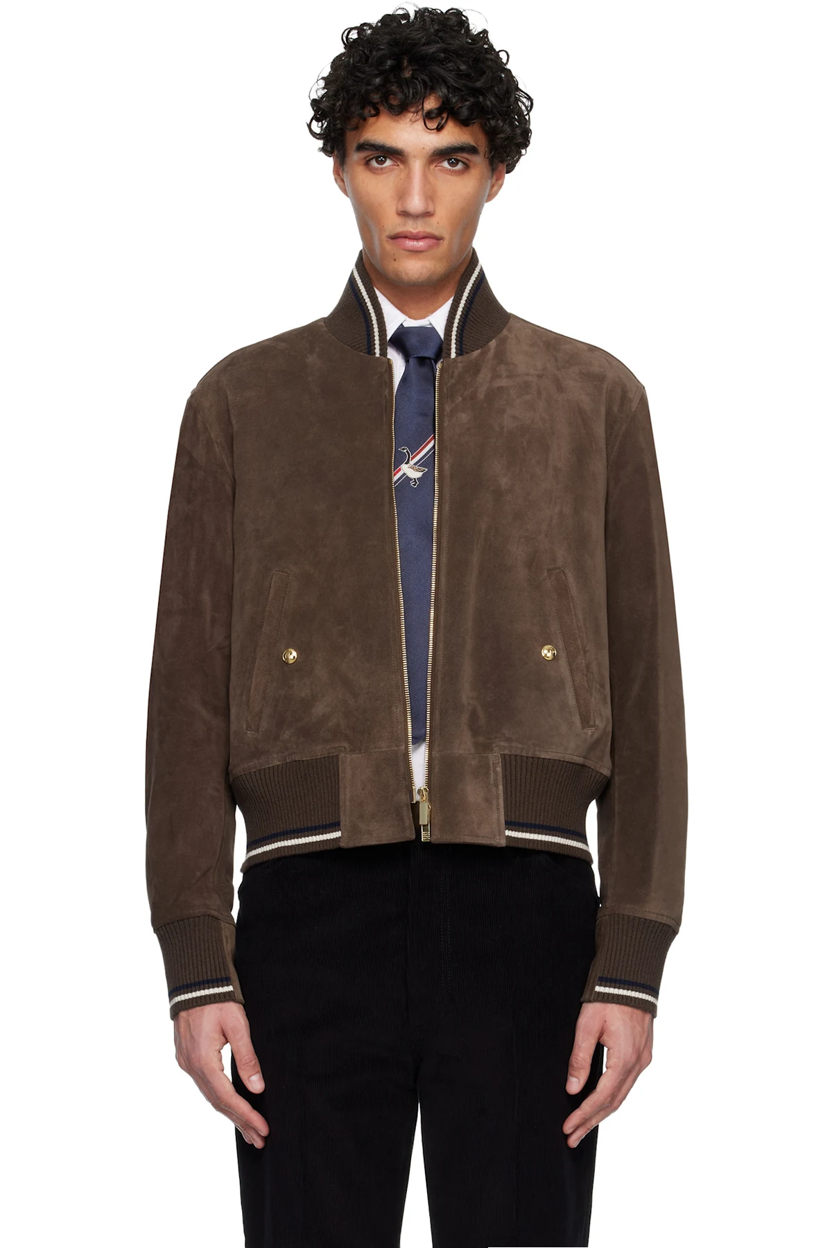 Brown Knit Rib Blouson Suede Jacket