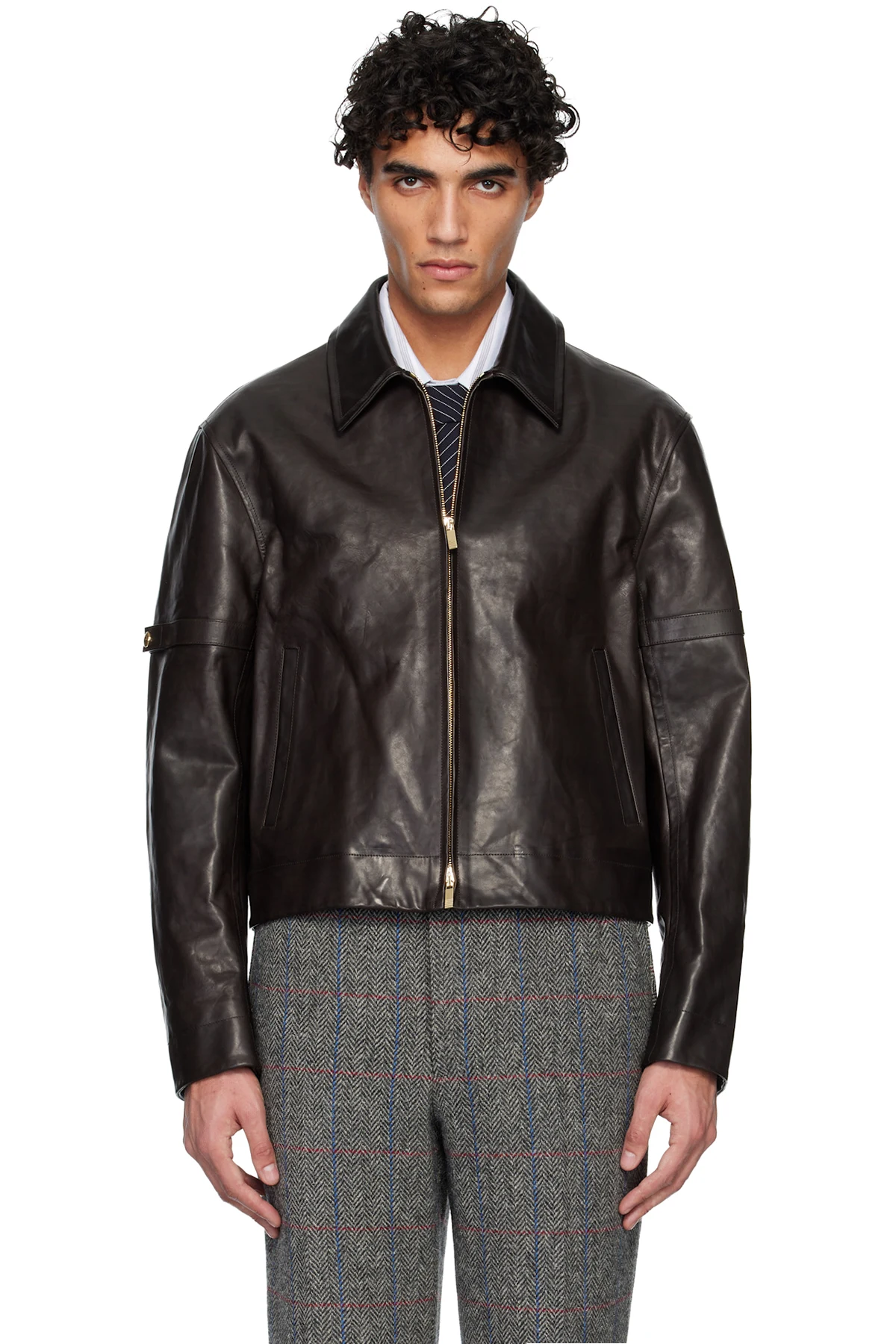 Brown Zip Front Armband Leather Jacket