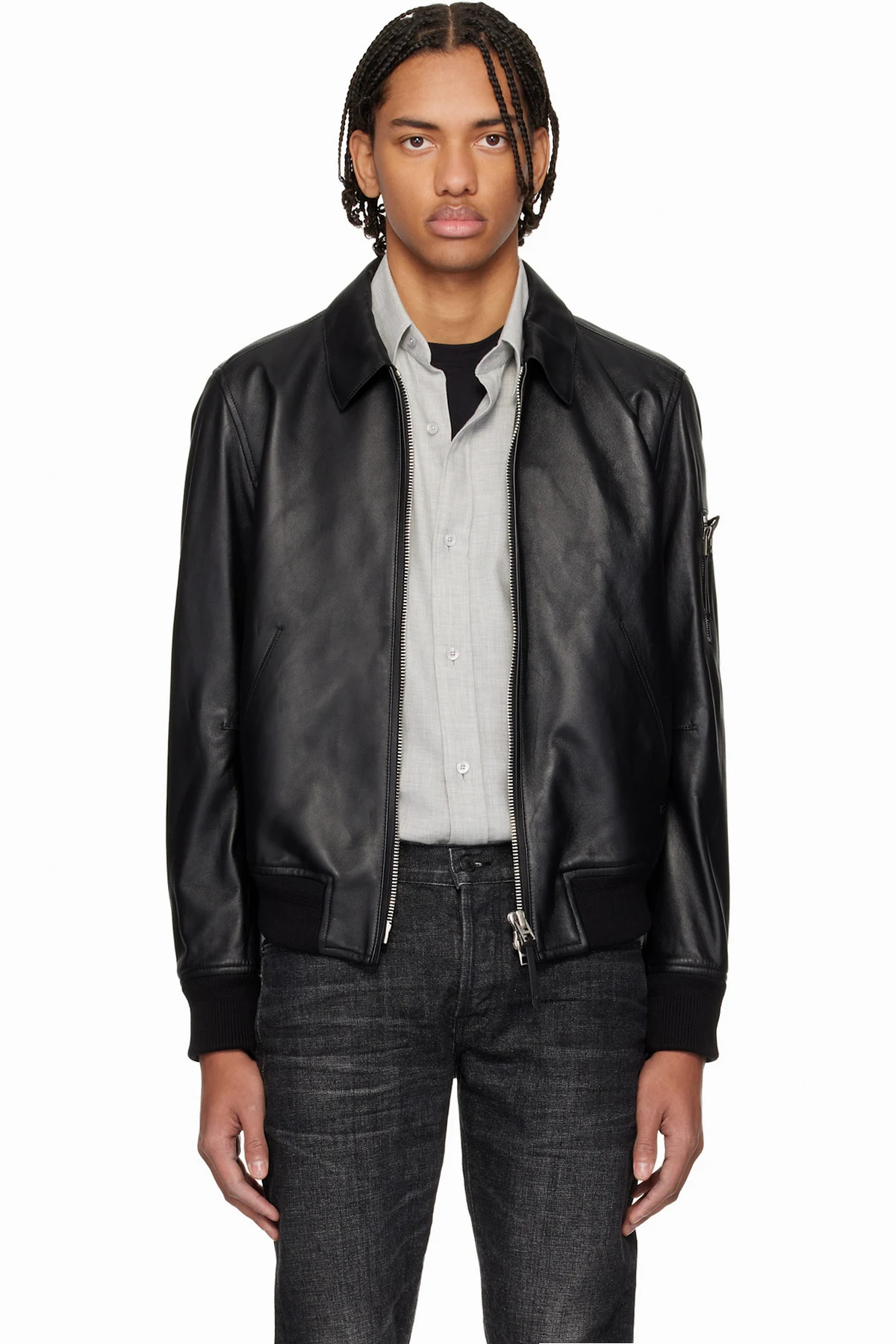 Black Soft Nappa Plonge Collar Blouson Jacket