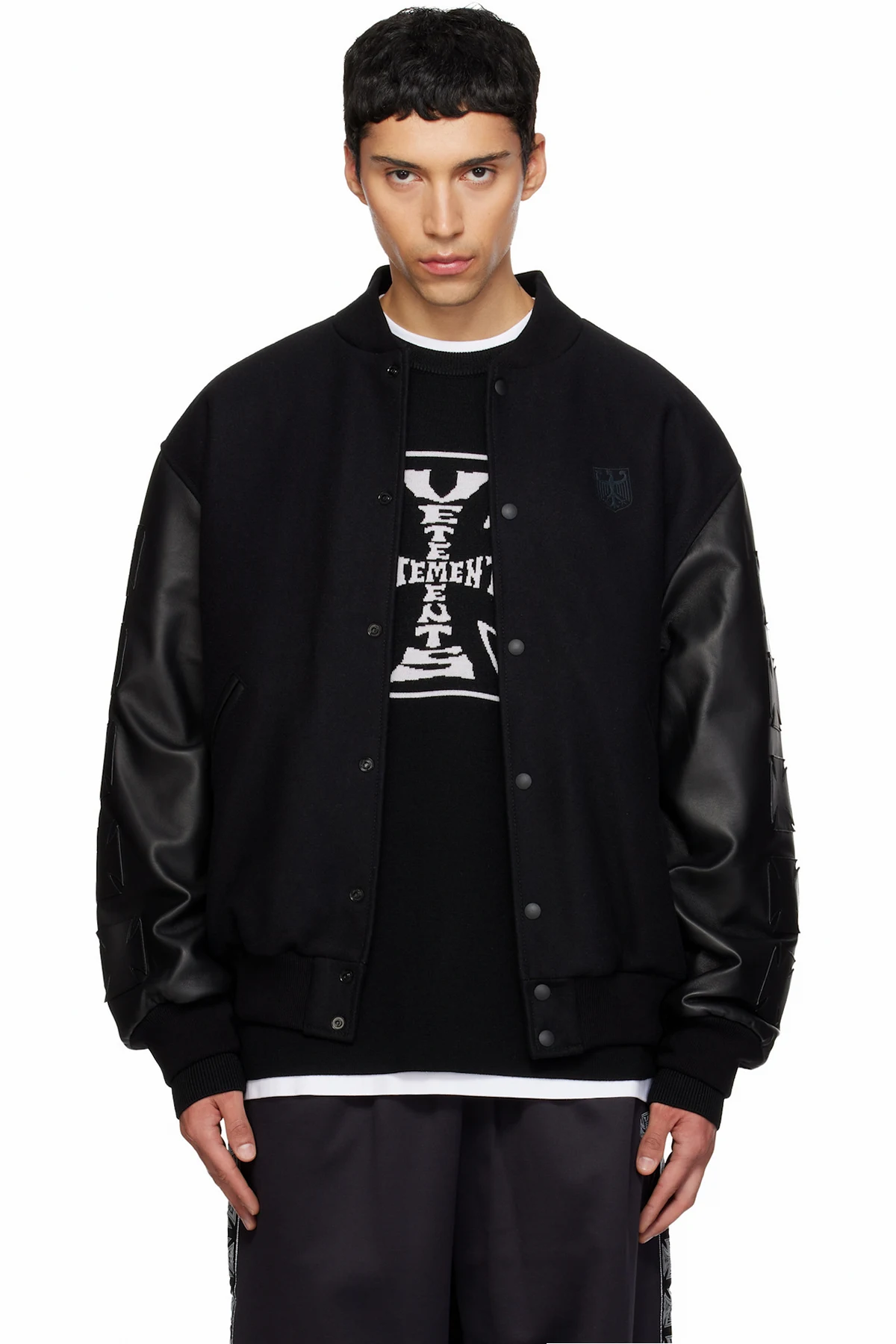 Black Biker Cross Embroidered Varsity Bomber Jacket