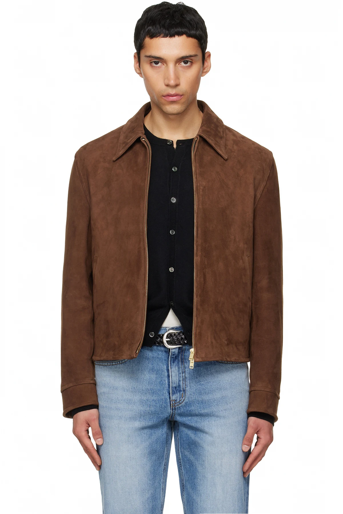 Brown Buckle Zip Goat Suede Jacket