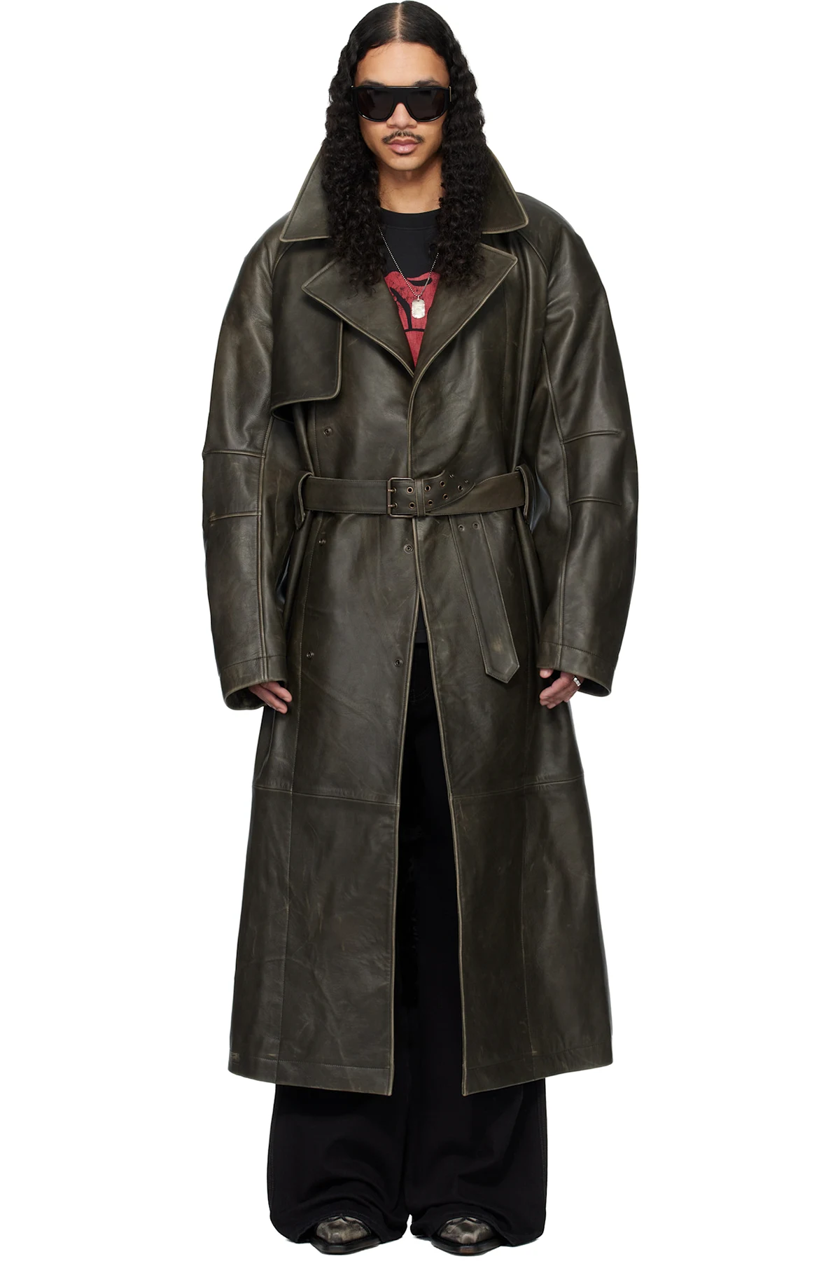 Khaki Bastard Military Leather Trench Coat