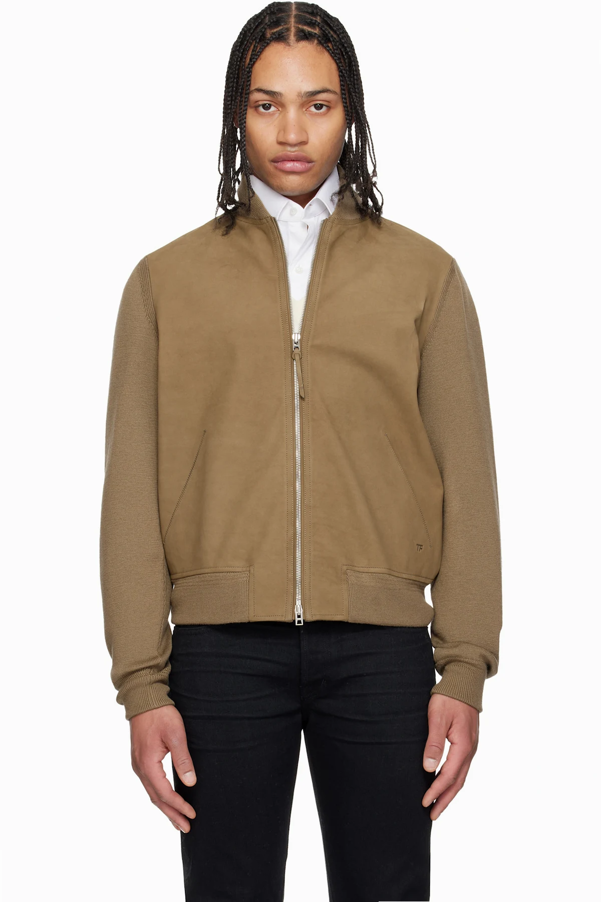 Khaki Nubuck Front Merino Bomber Jacket