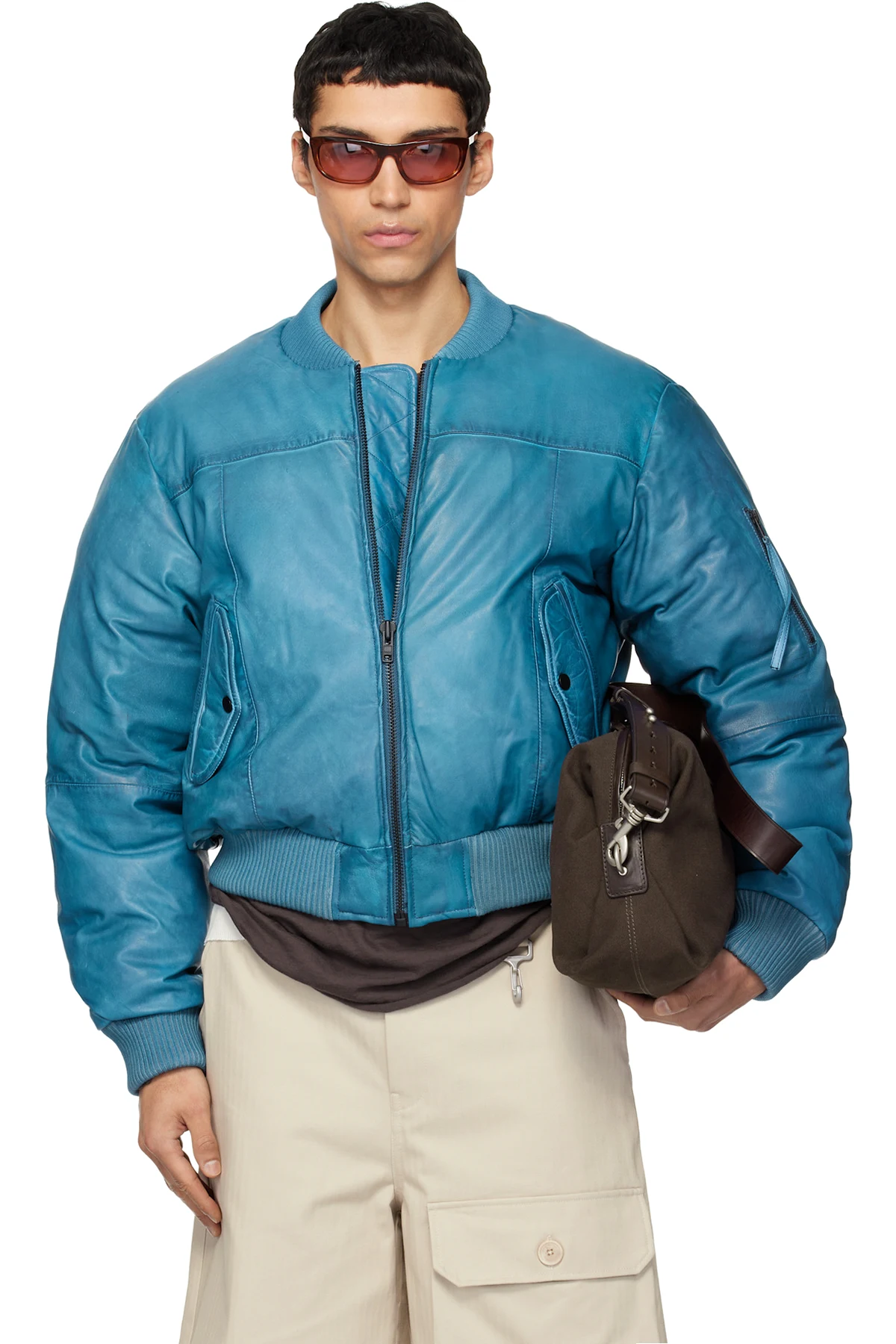 Blue Bofinger Padded Leather Bomber Jacket