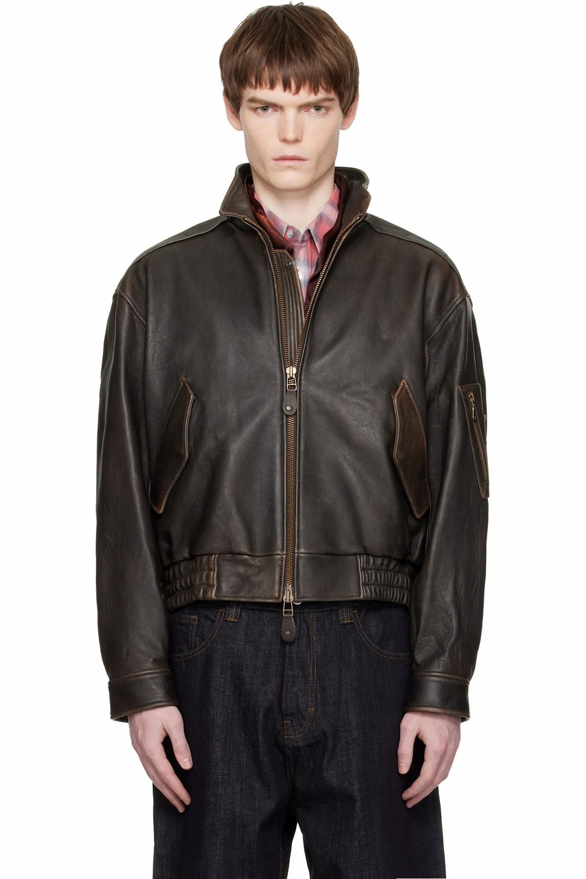 Brown Vintage Shelter Neck Collar Leather Jacket